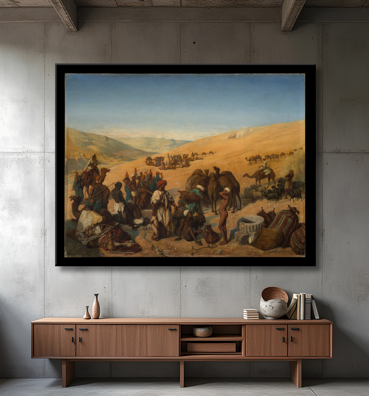 Reproduction Arrêt des caravanes aux puits de Saba (Beersheba) dans le désert au sud d'Hébron de Charles de Coubertin avec decor