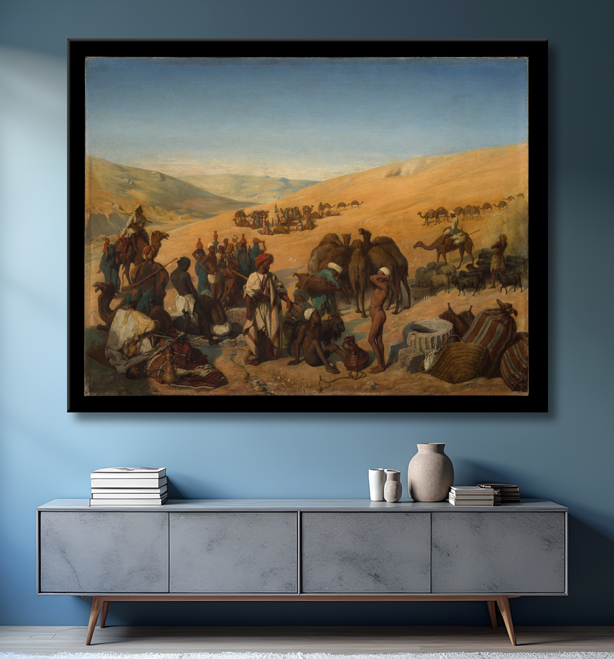 Reproduction Arrêt des caravanes aux puits de Saba (Beersheba) dans le désert au sud d'Hébron de Charles de Coubertin avec decor