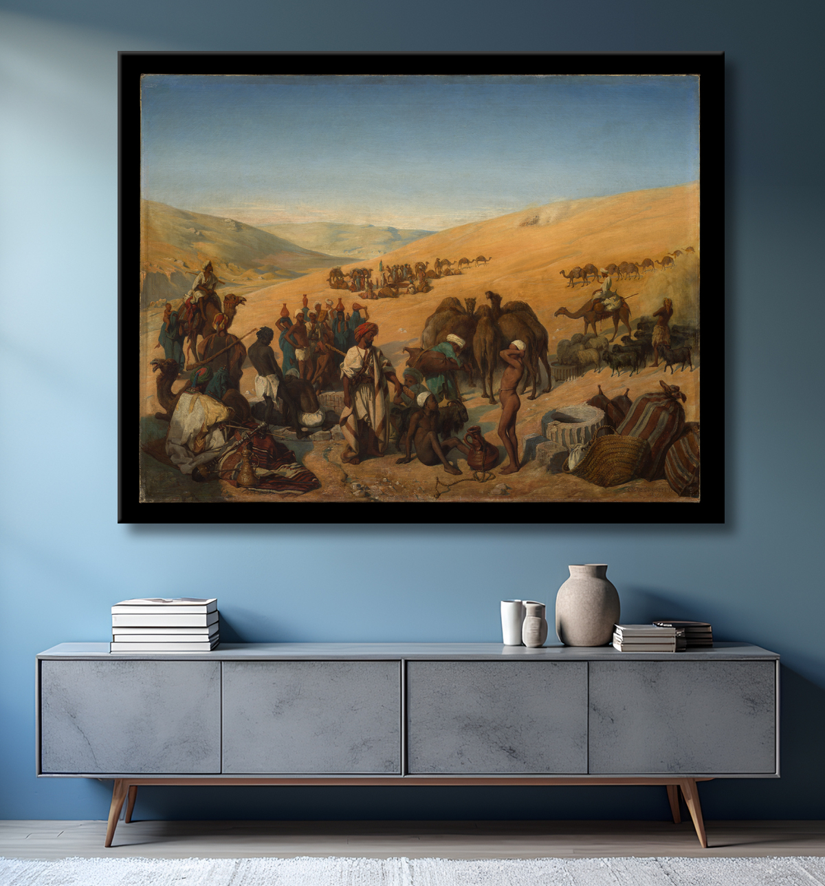Reproduction Arrêt des caravanes aux puits de Saba (Beersheba) dans le désert au sud d'Hébron de Charles de Coubertin avec decor