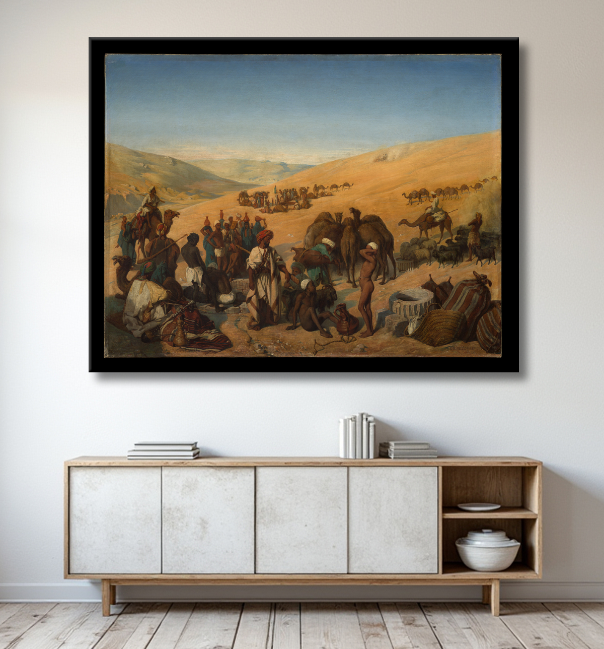Reproduction Arrêt des caravanes aux puits de Saba (Beersheba) dans le désert au sud d'Hébron de Charles de Coubertin avec decor