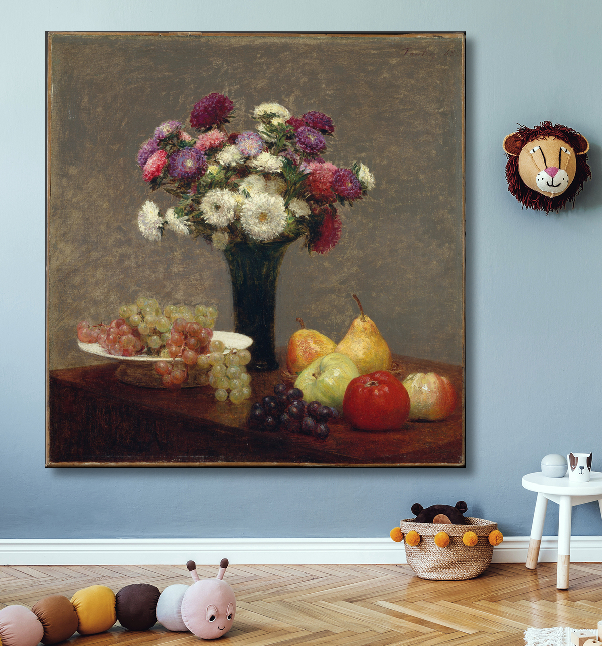 Reproduction Asters et fruits sur une table de Henri Fantin-Latour avec decor