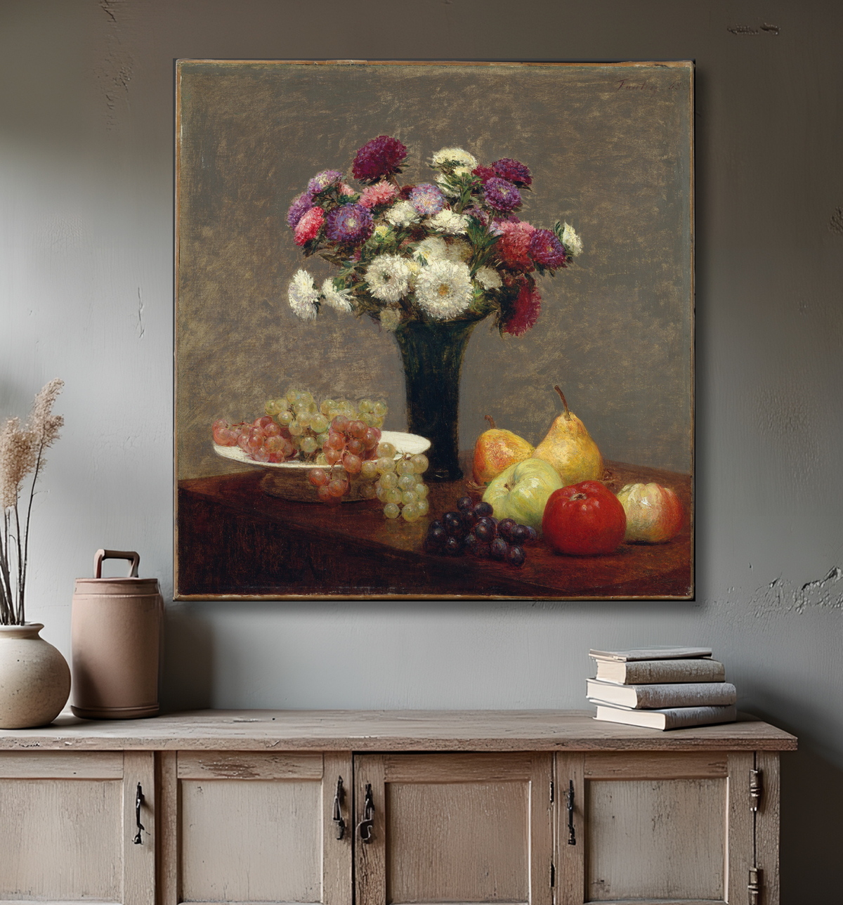 Reproduction Asters et fruits sur une table de Henri Fantin-Latour avec decor