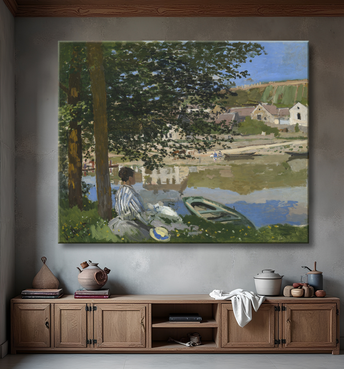 Reproduction Au bord de la Seine, Bennecourt de Claude Monet avec decor
