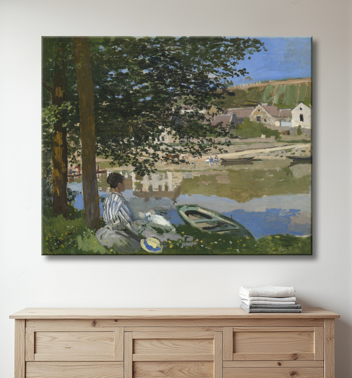 Reproduction Au bord de la Seine, Bennecourt de Claude Monet avec decor