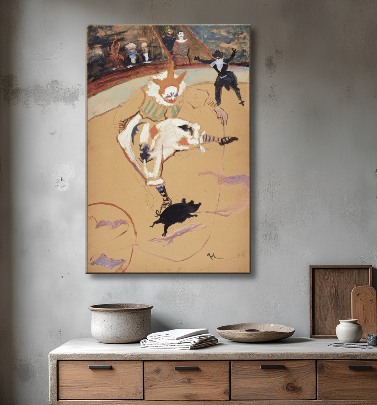 Reproduction Au cirque Fernando : Medrano avec un porcelet de Henri de Toulouse-Lautrec avec decor