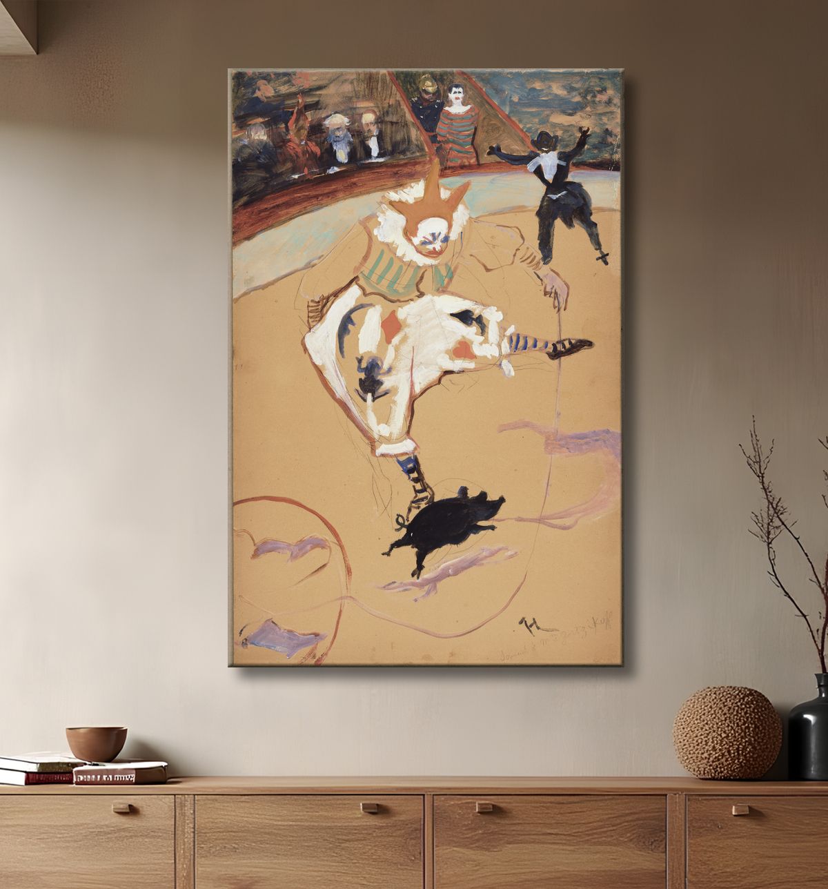 Reproduction Au cirque Fernando : Medrano avec un porcelet de Henri de Toulouse-Lautrec avec decor