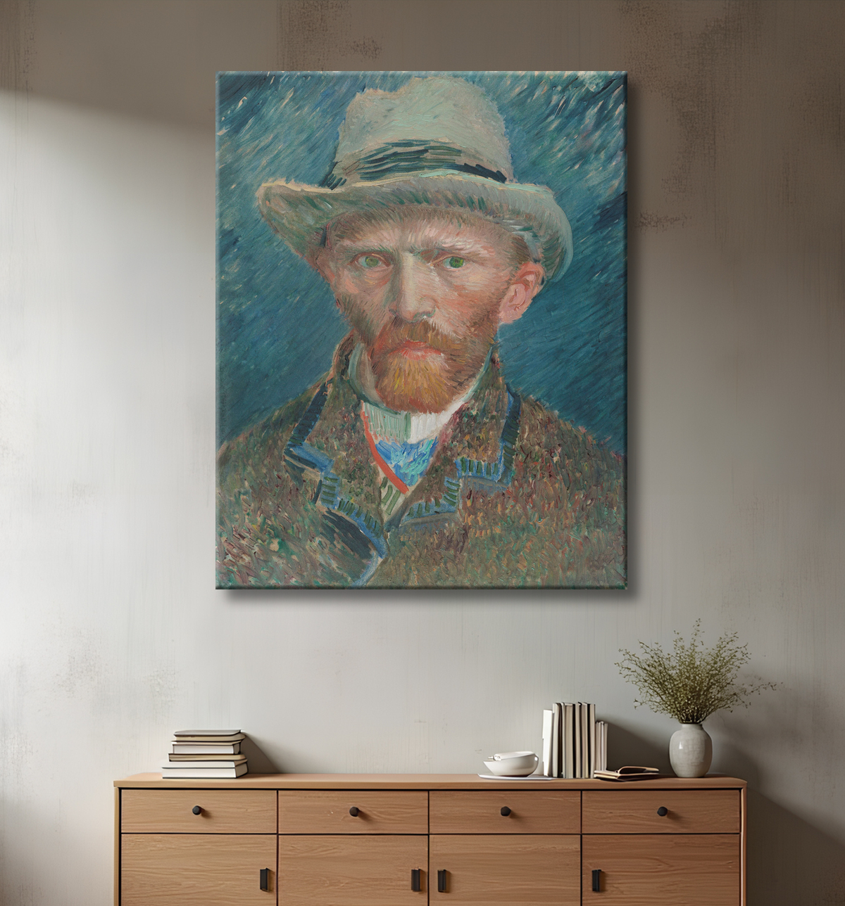 Reproduction Autoportrait au chapeau de feutre gris de Vincent van Gogh avec decor