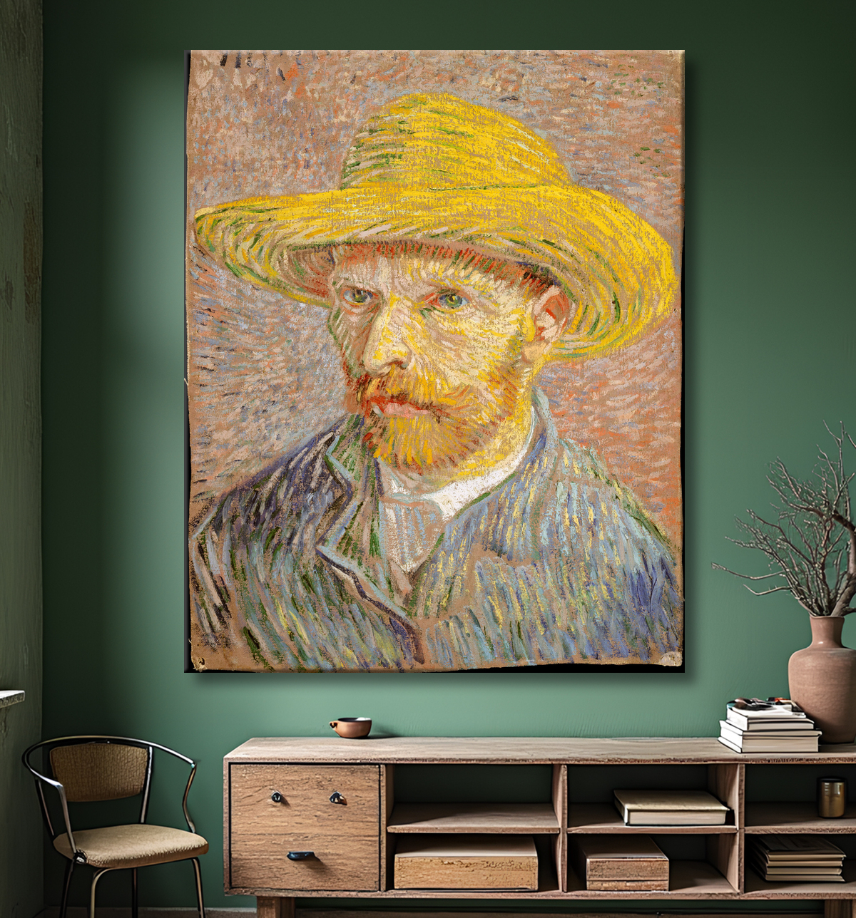 Reproduction Autoportrait au chapeau de paille de Vincent van Gogh avec decor