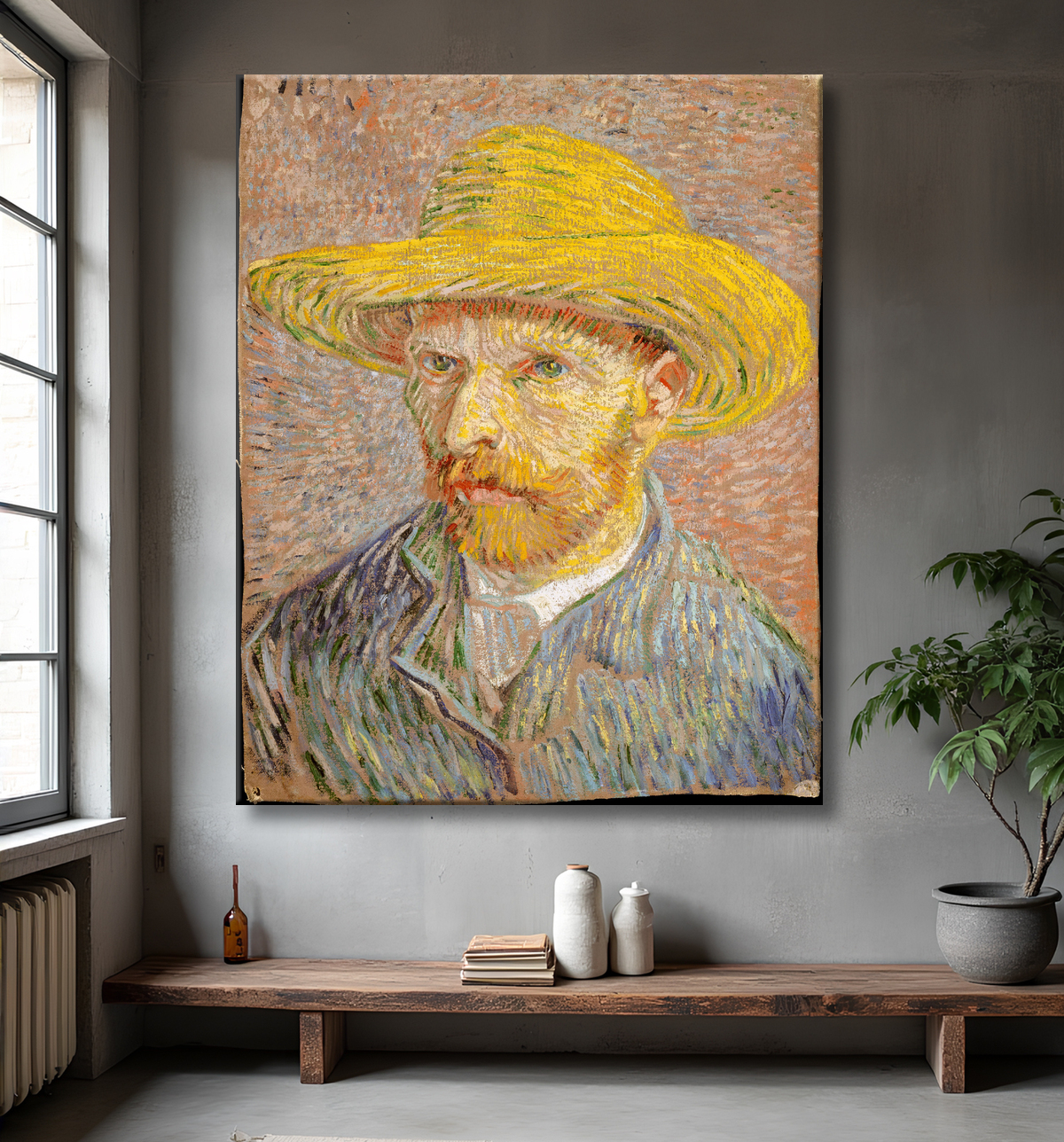 Reproduction Autoportrait au chapeau de paille de Vincent van Gogh avec decor