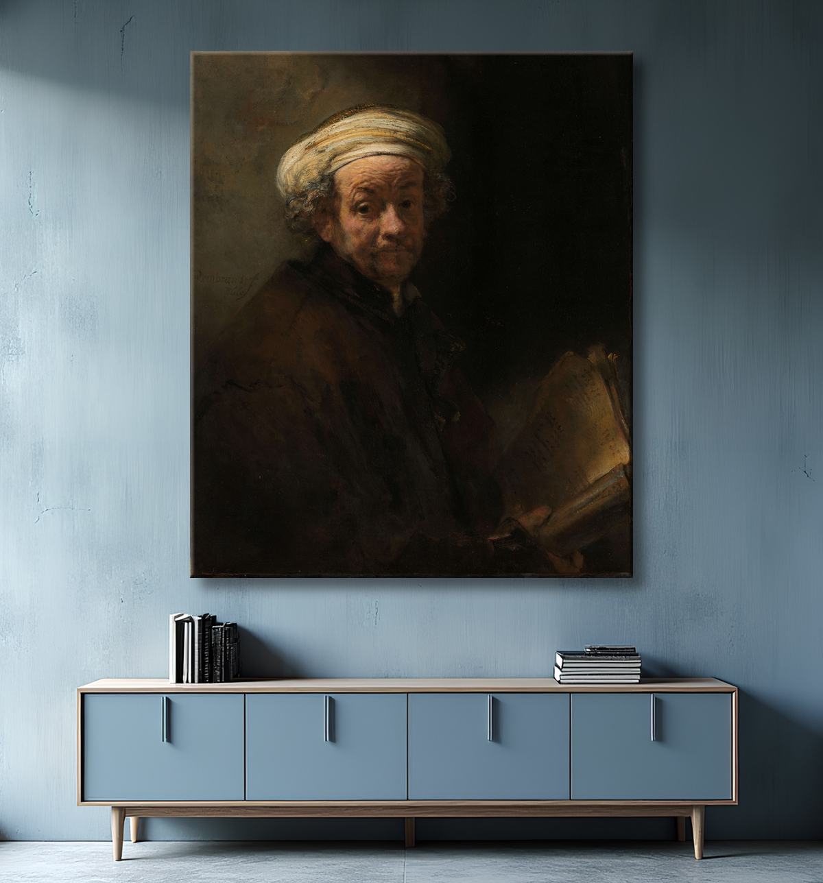 Reproduction Autoportrait en tant qu'apôtre Paul de Rembrandt van Rijn avec decor