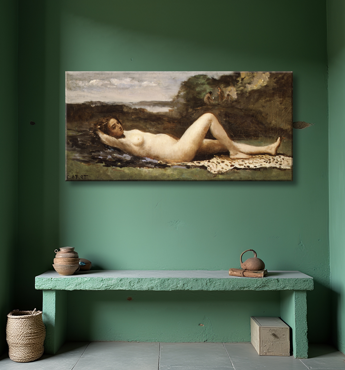 Reproduction Bacchante dans un paysage de Camille Corot avec decor