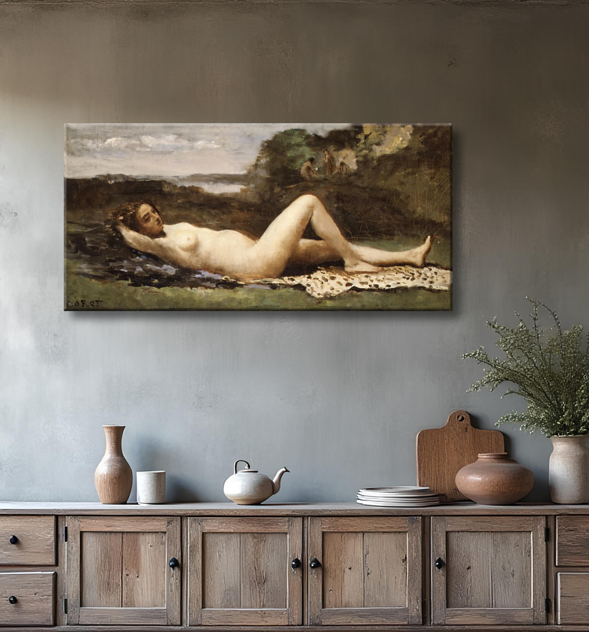 Reproduction Bacchante dans un paysage de Camille Corot avec decor