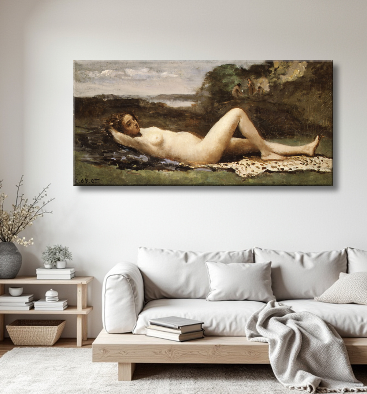 Reproduction Bacchante dans un paysage de Camille Corot avec decor