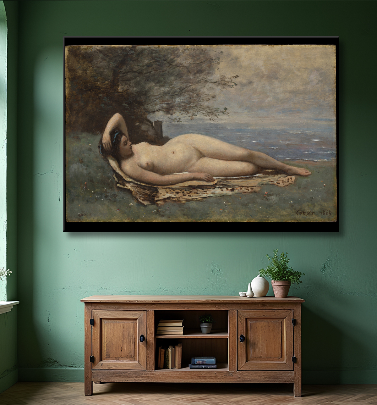 Reproduction Bacchante en bord de mer de Camille Corot avec decor