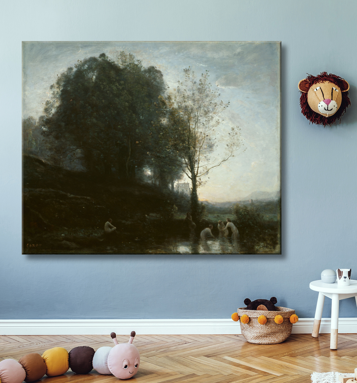 Reproduction Baignade Nymphes et Enfant de Jean Baptiste Camille Corot avec decor