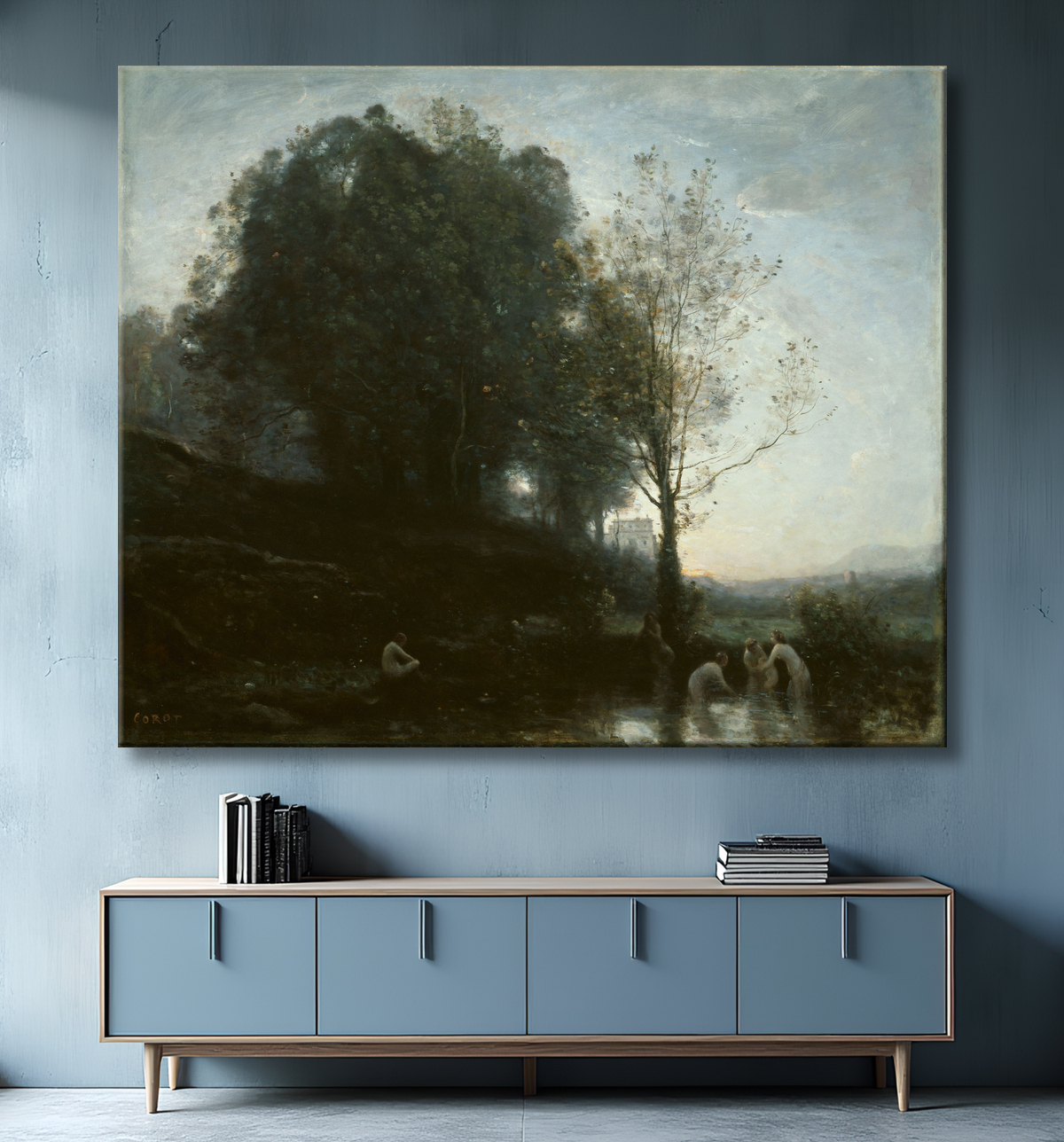 Reproduction Baignade Nymphes et Enfant de Jean Baptiste Camille Corot avec decor
