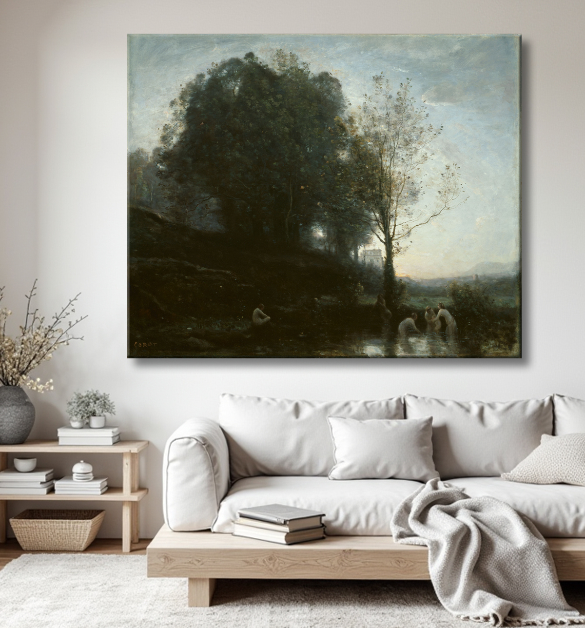 Reproduction Baignade Nymphes et Enfant de Jean Baptiste Camille Corot avec decor