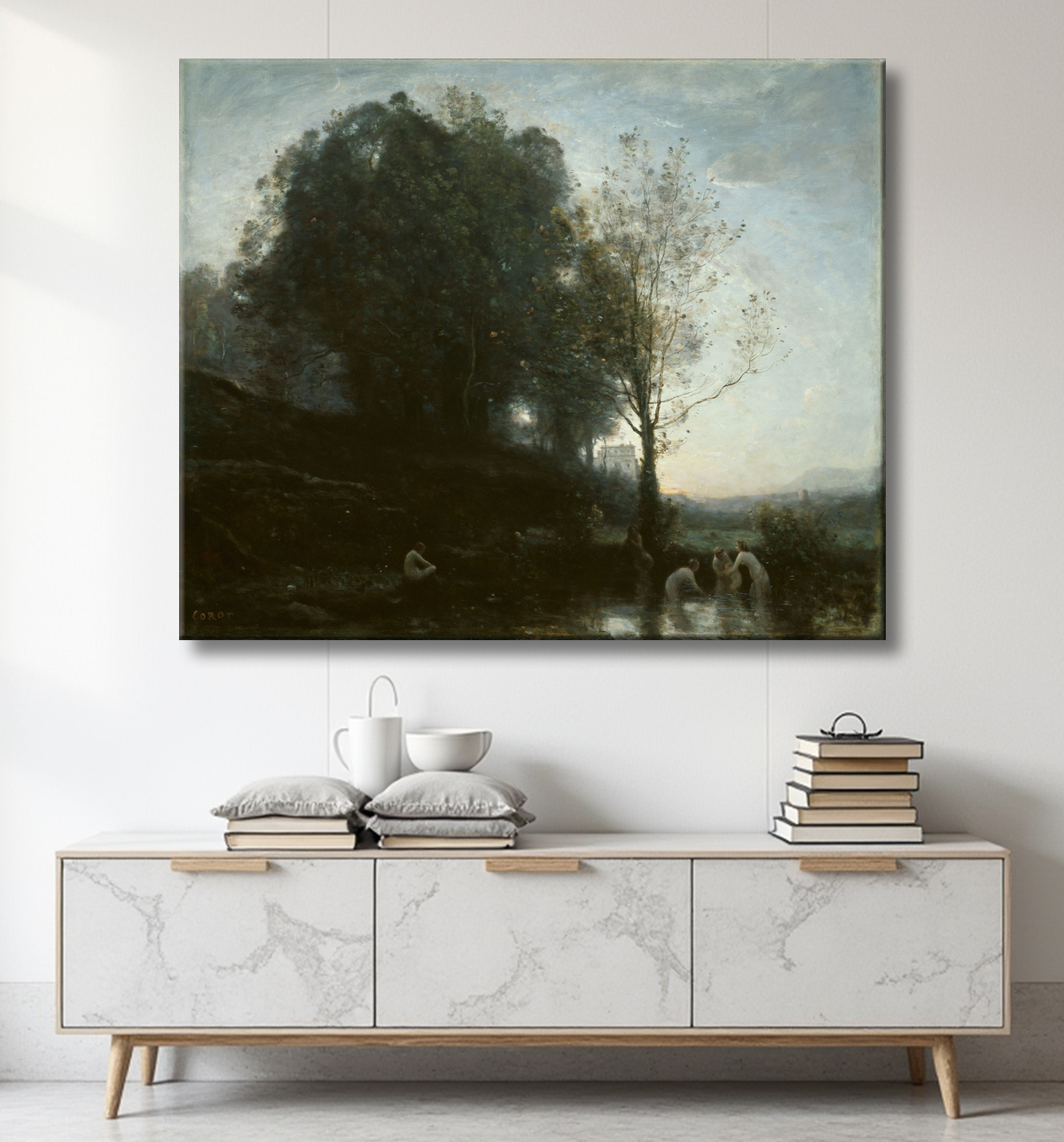 Reproduction Baignade Nymphes et Enfant de Jean Baptiste Camille Corot avec decor