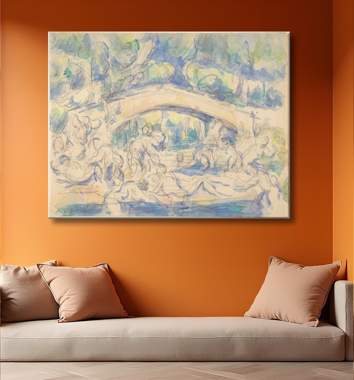 Reproduction Baigneurs sous un pont (recto) ; Étude d'après l'Ecorché de Houdon (verso) de Paul Cézanne avec decor
