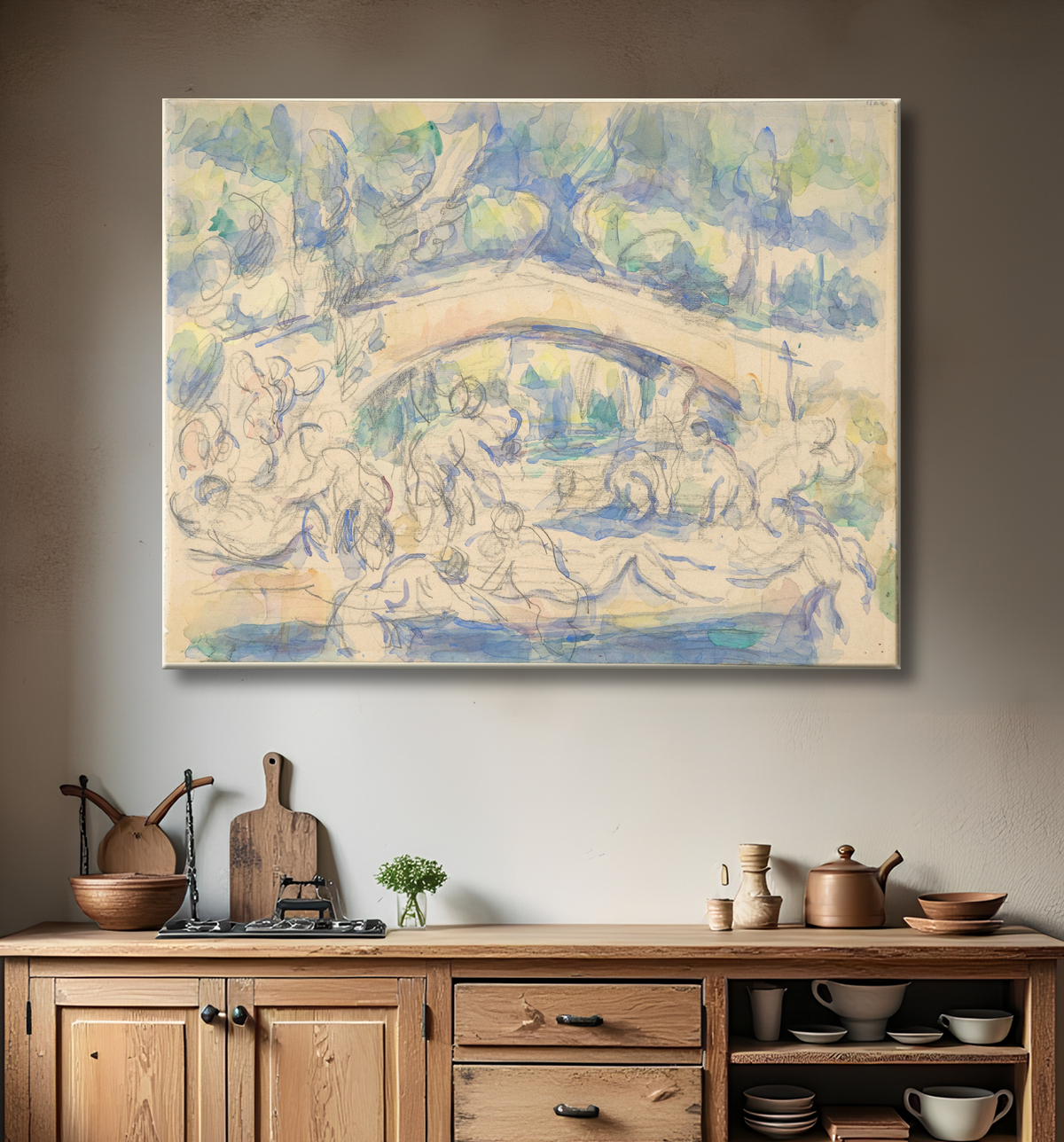 Reproduction Baigneurs sous un pont (recto) ; Étude d'après l'Ecorché de Houdon (verso) de Paul Cézanne avec decor