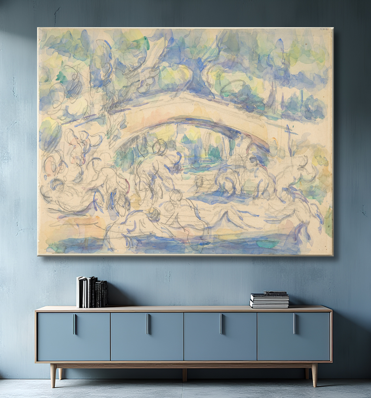 Reproduction Baigneurs sous un pont (recto) ; Étude d'après l'Ecorché de Houdon (verso) de Paul Cézanne avec decor