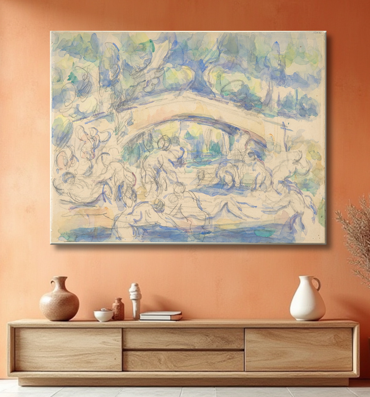 Reproduction Baigneurs sous un pont (recto) ; Étude d'après l'Ecorché de Houdon (verso) de Paul Cézanne avec decor