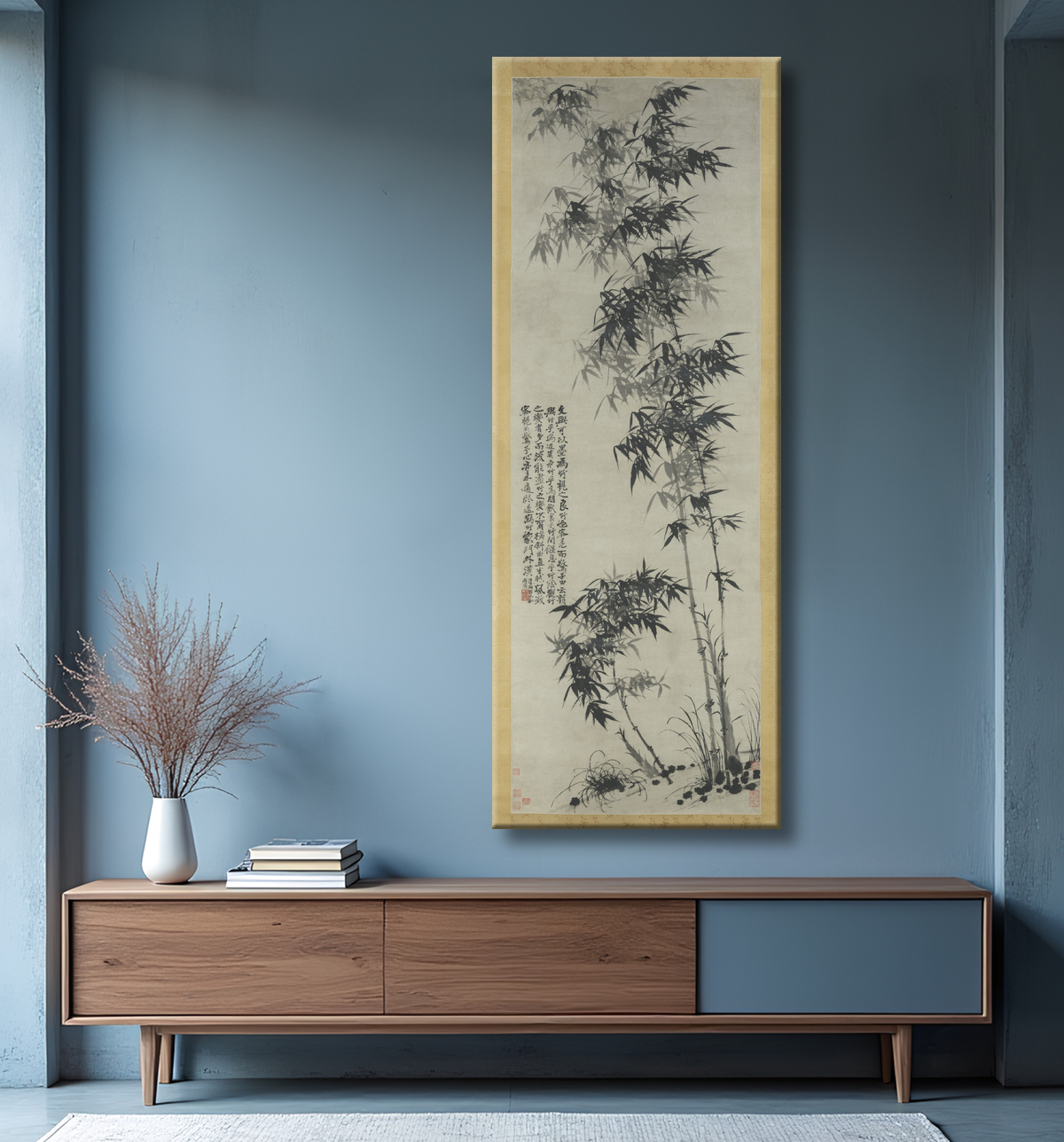 Reproduction Bambou sous le vent et la pluie de Shitao (Zhu Ruoji) avec decor