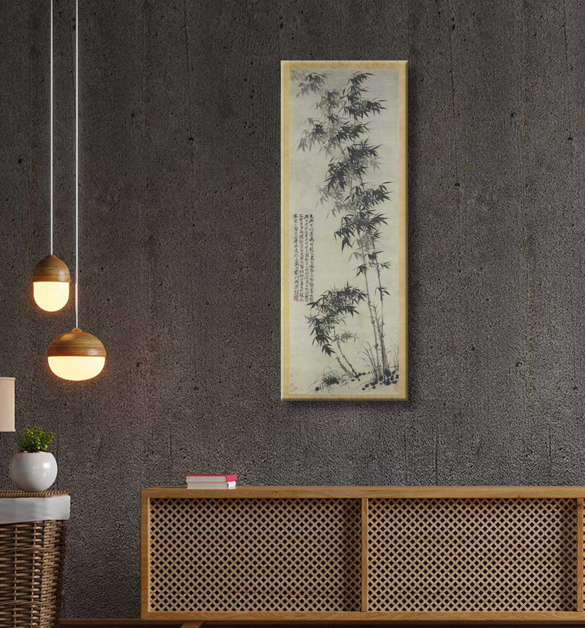 Reproduction Bambou sous le vent et la pluie de Shitao (Zhu Ruoji) avec decor