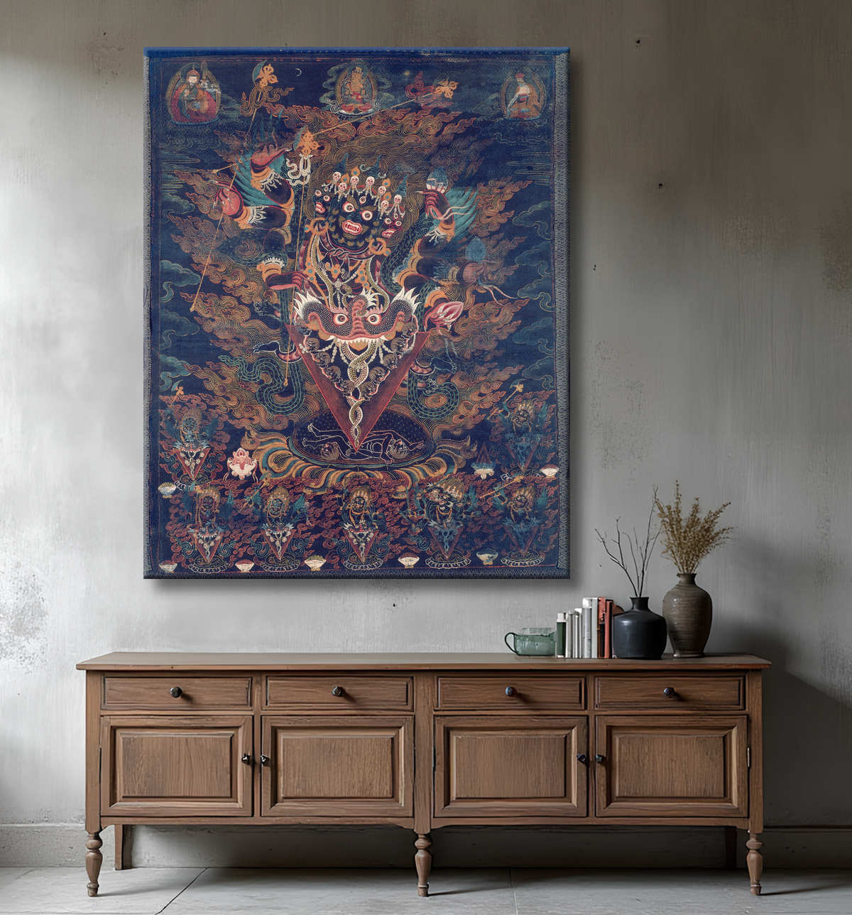 Reproduction Bannière peinte (Thangka) avec Guru Dragpur, une forme courroucée de Padmasambhava avec decor