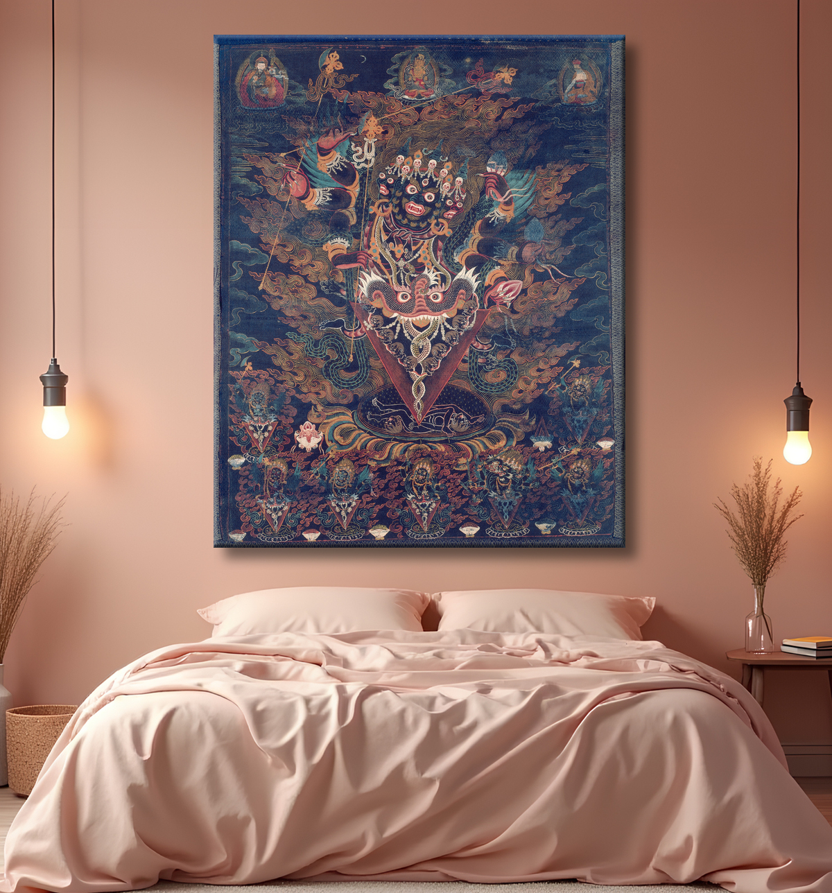 Reproduction Bannière peinte (Thangka) avec Guru Dragpur, une forme courroucée de Padmasambhava avec decor