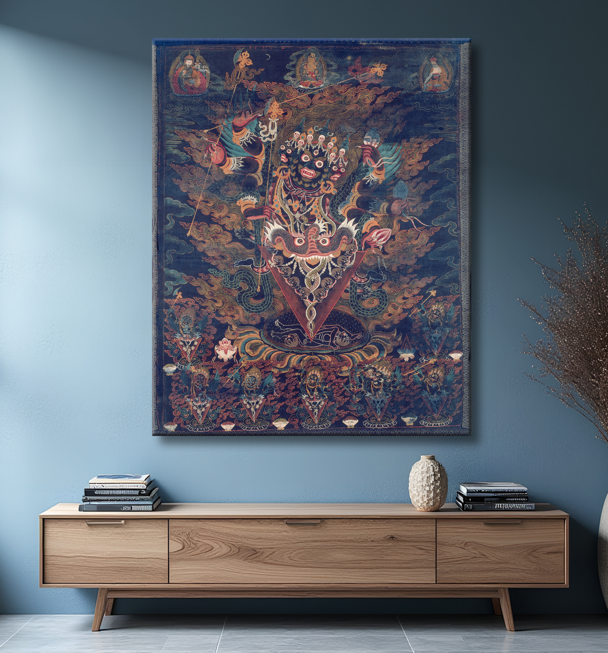 Reproduction Bannière peinte (Thangka) avec Guru Dragpur, une forme courroucée de Padmasambhava avec decor
