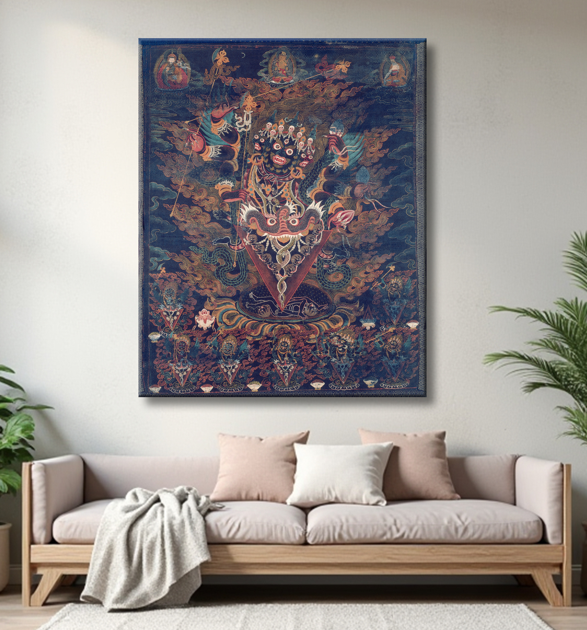Reproduction Bannière peinte (Thangka) avec Guru Dragpur, une forme courroucée de Padmasambhava avec decor