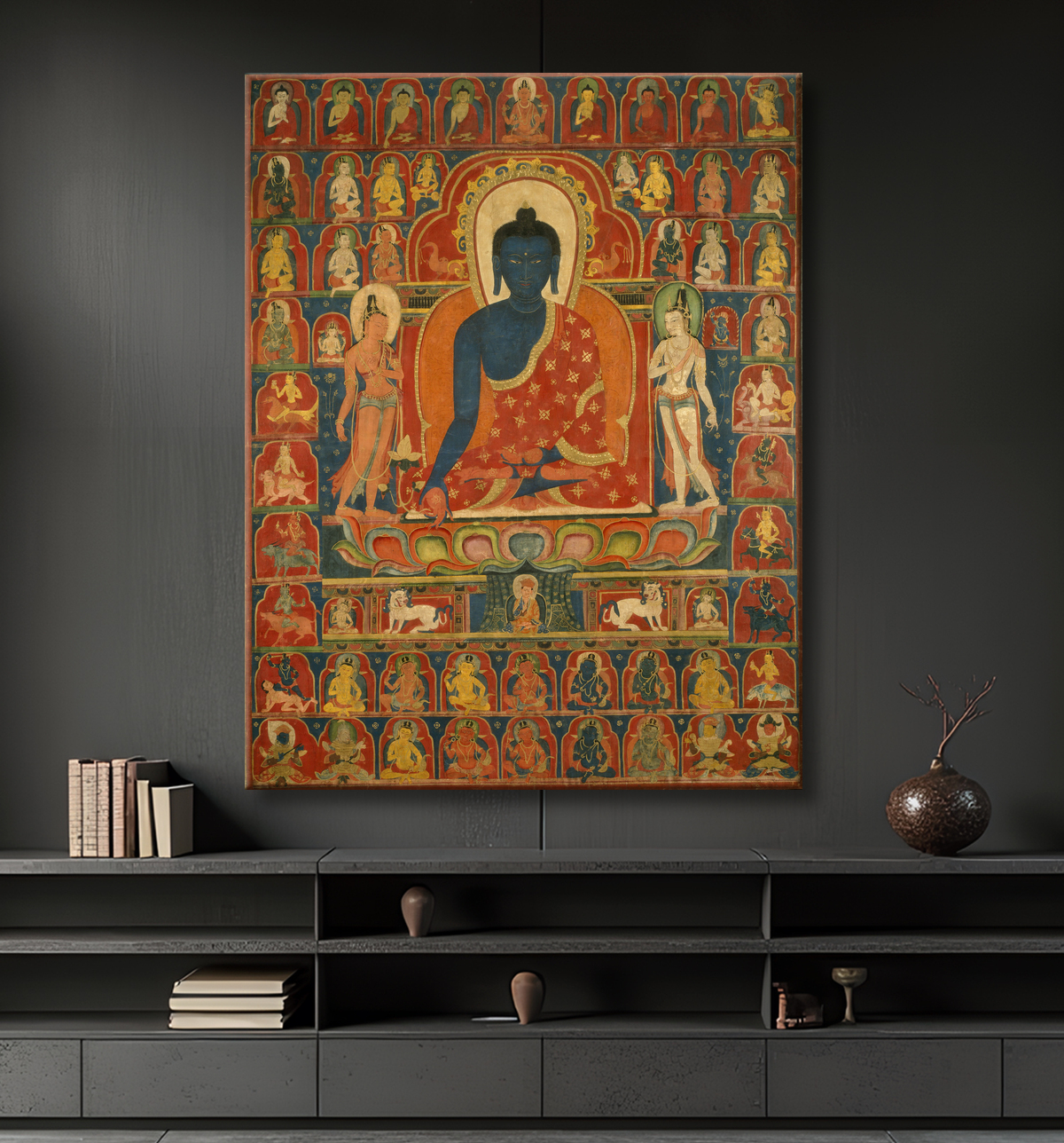 Reproduction Bannière peinte (Thangka) avec le Bouddha de la médecine (Bhaishajyaguru) avec decor