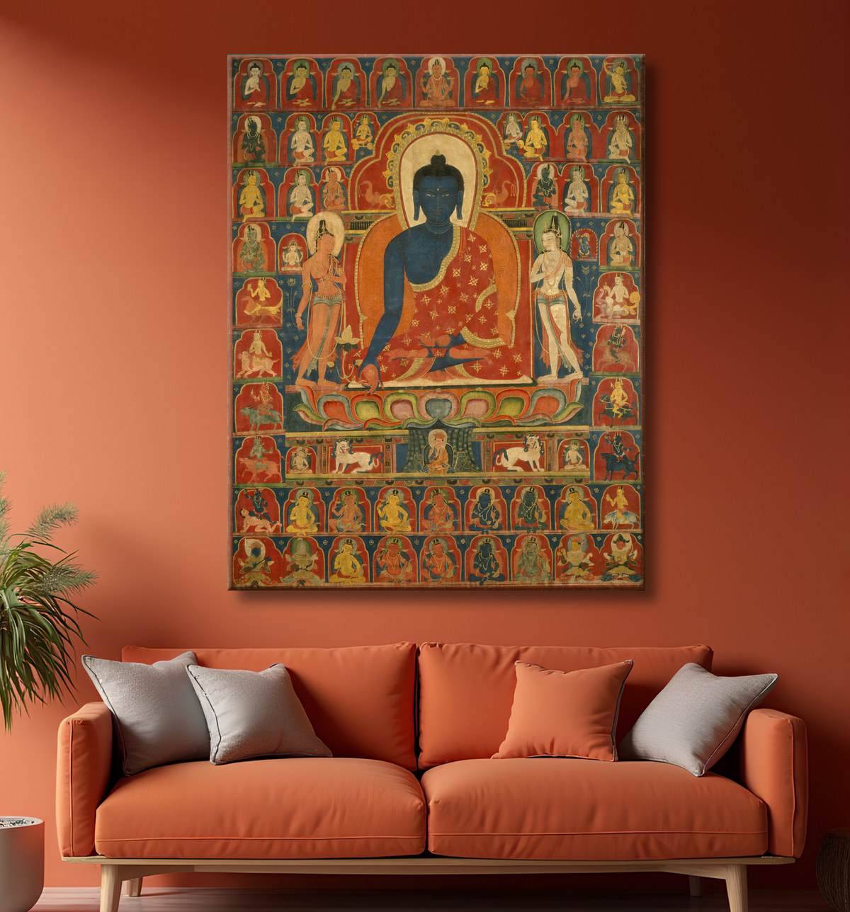 Reproduction Bannière peinte (Thangka) avec le Bouddha de la médecine (Bhaishajyaguru) avec decor