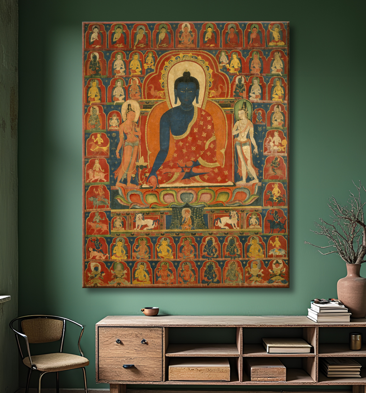 Reproduction Bannière peinte (Thangka) avec le Bouddha de la médecine (Bhaishajyaguru) avec decor