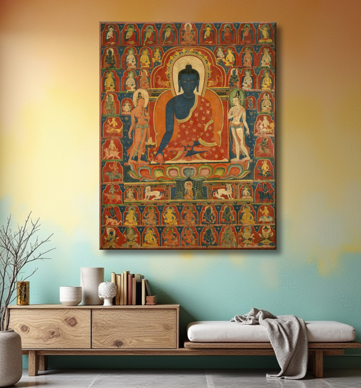 Reproduction Bannière peinte (Thangka) avec le Bouddha de la médecine (Bhaishajyaguru) avec decor