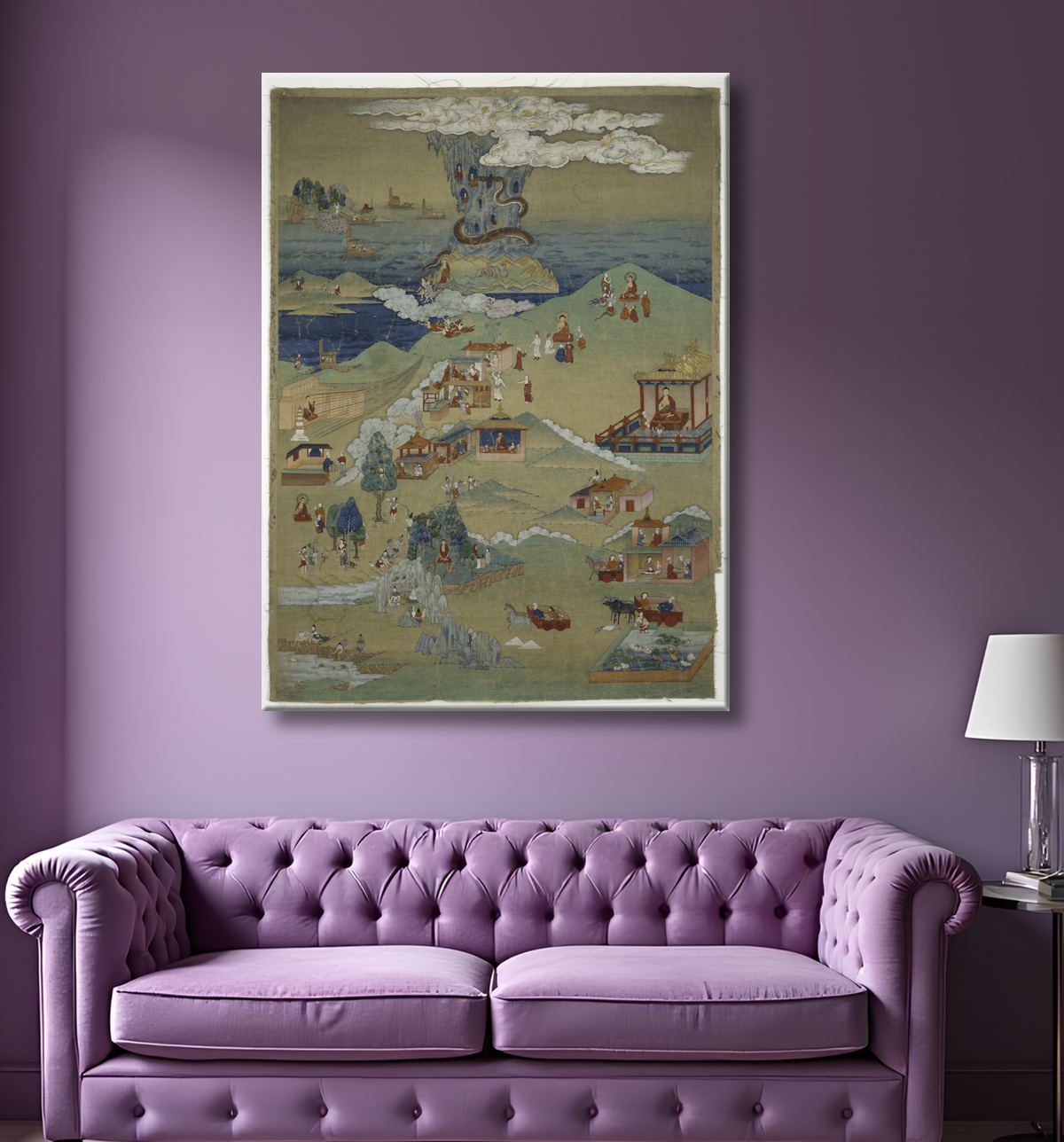 Reproduction Bannière peinte (Thangka) de cinq contes de moralité de l'Avadana Kalpalata Jataka avec decor