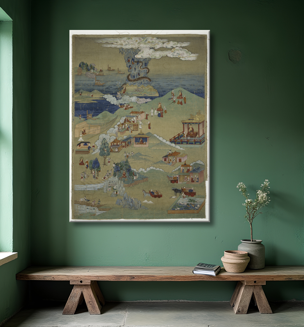 Reproduction Bannière peinte (Thangka) de cinq contes de moralité de l'Avadana Kalpalata Jataka avec decor