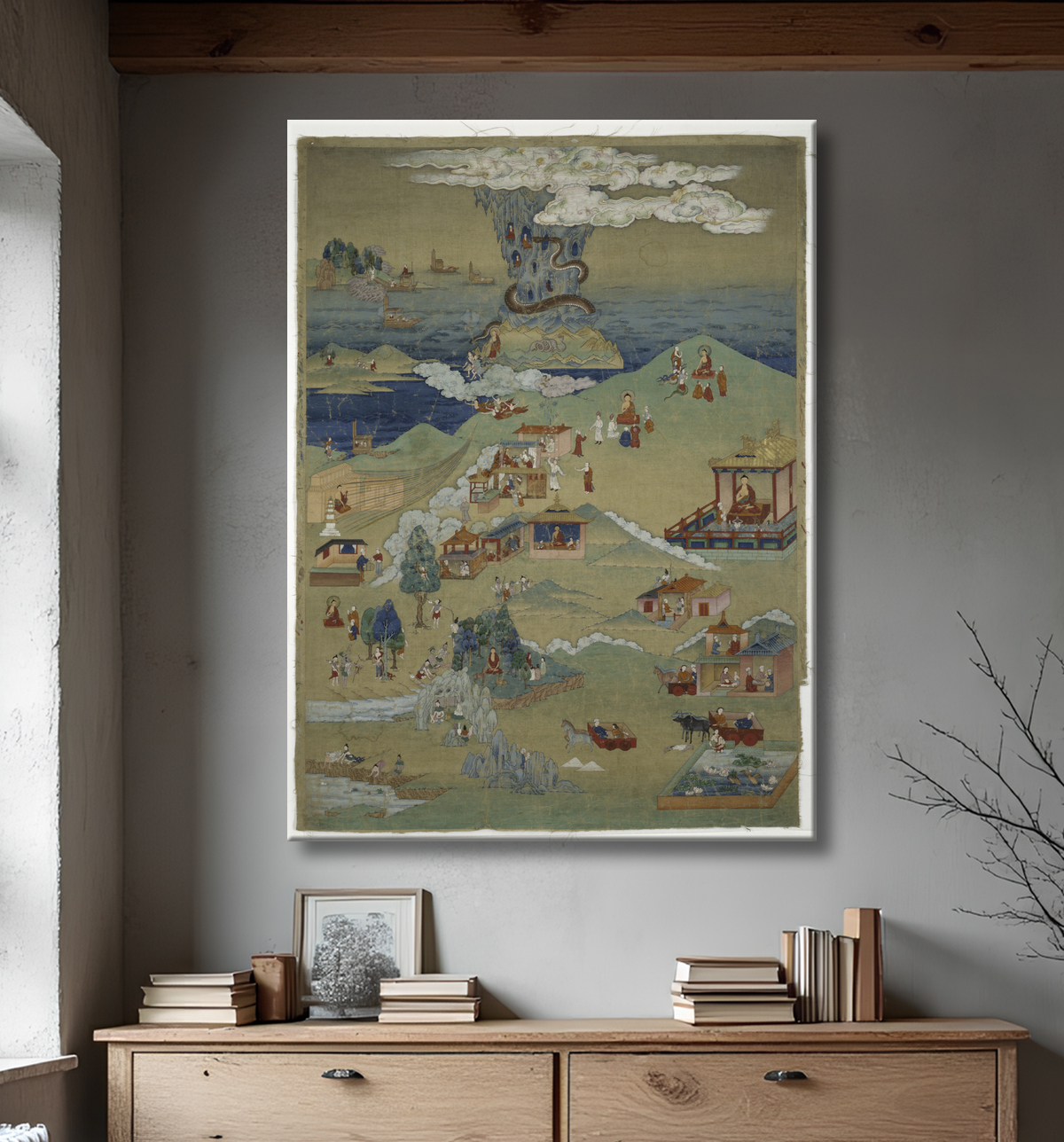 Reproduction Bannière peinte (Thangka) de cinq contes de moralité de l'Avadana Kalpalata Jataka avec decor