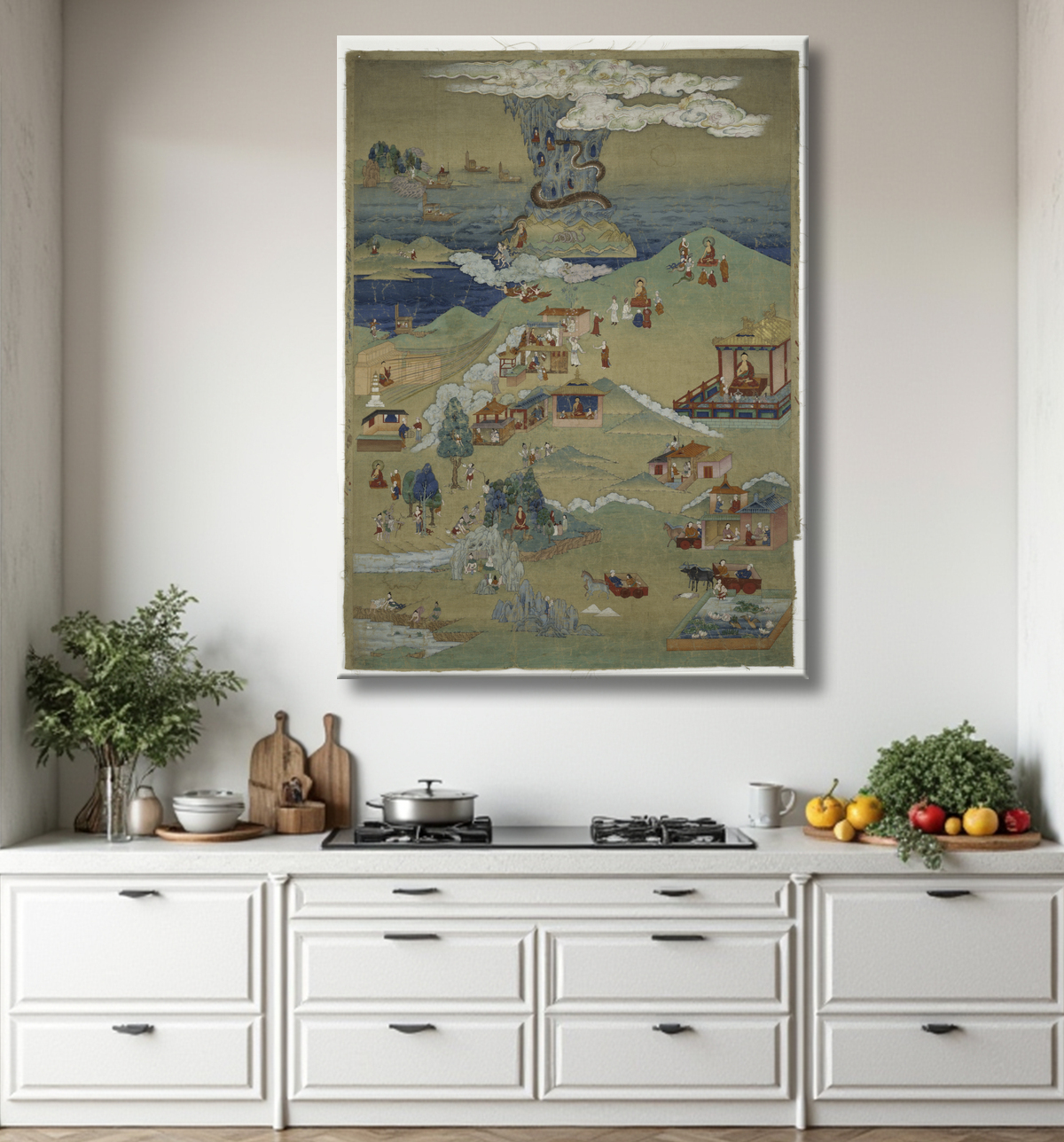 Reproduction Bannière peinte (Thangka) de cinq contes de moralité de l'Avadana Kalpalata Jataka avec decor