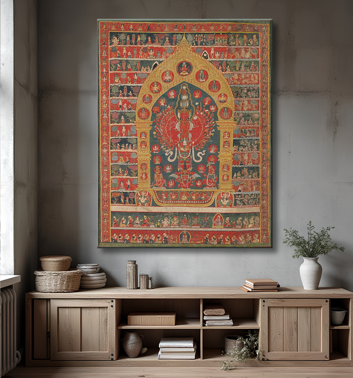 Reproduction Bannière peinte (Thangka) de l'incarnation d'Avalokiteshvara du dieu de la pluie Rato Matsyendranatha avec decor