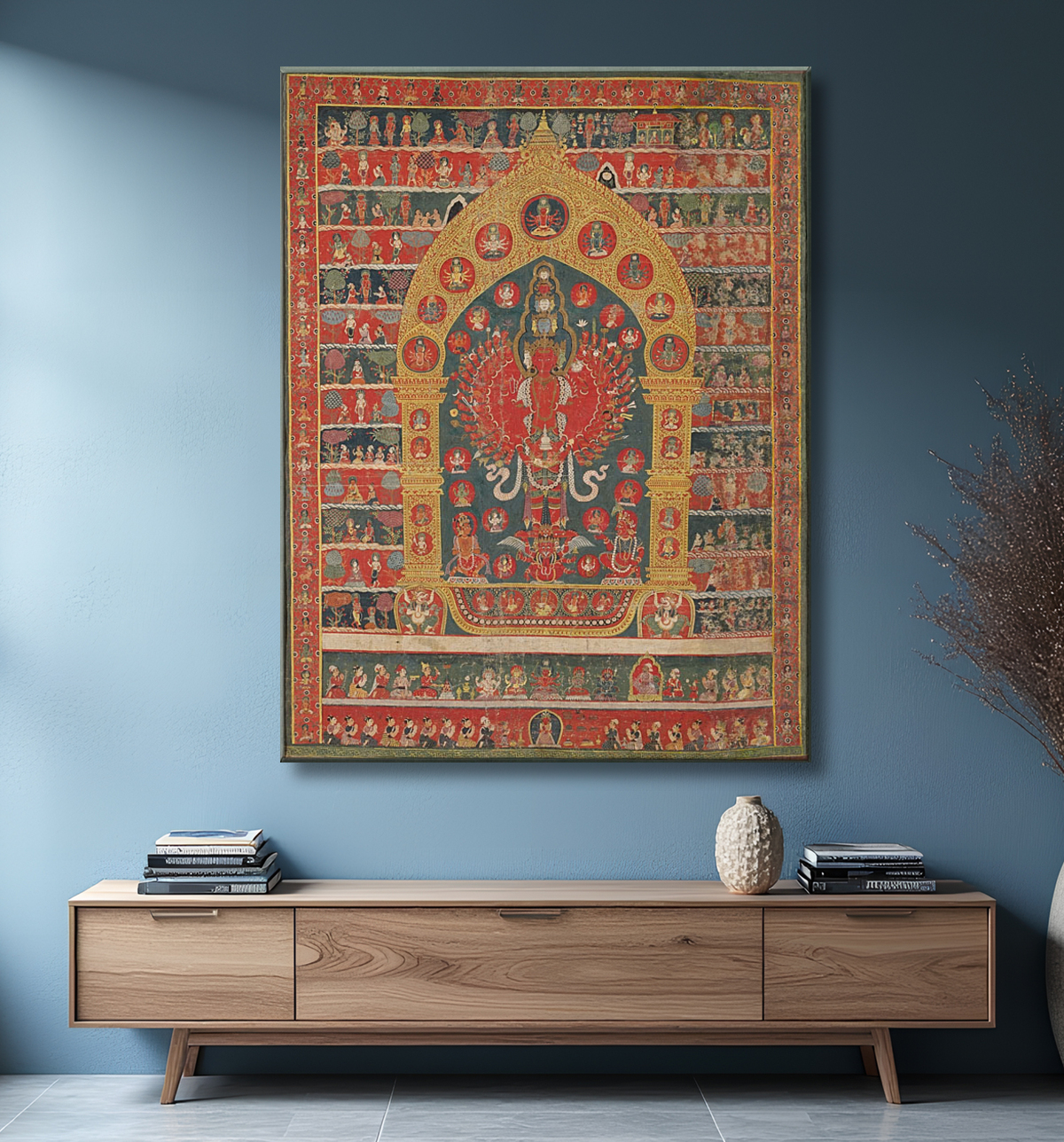 Reproduction Bannière peinte (Thangka) de l'incarnation d'Avalokiteshvara du dieu de la pluie Rato Matsyendranatha avec decor