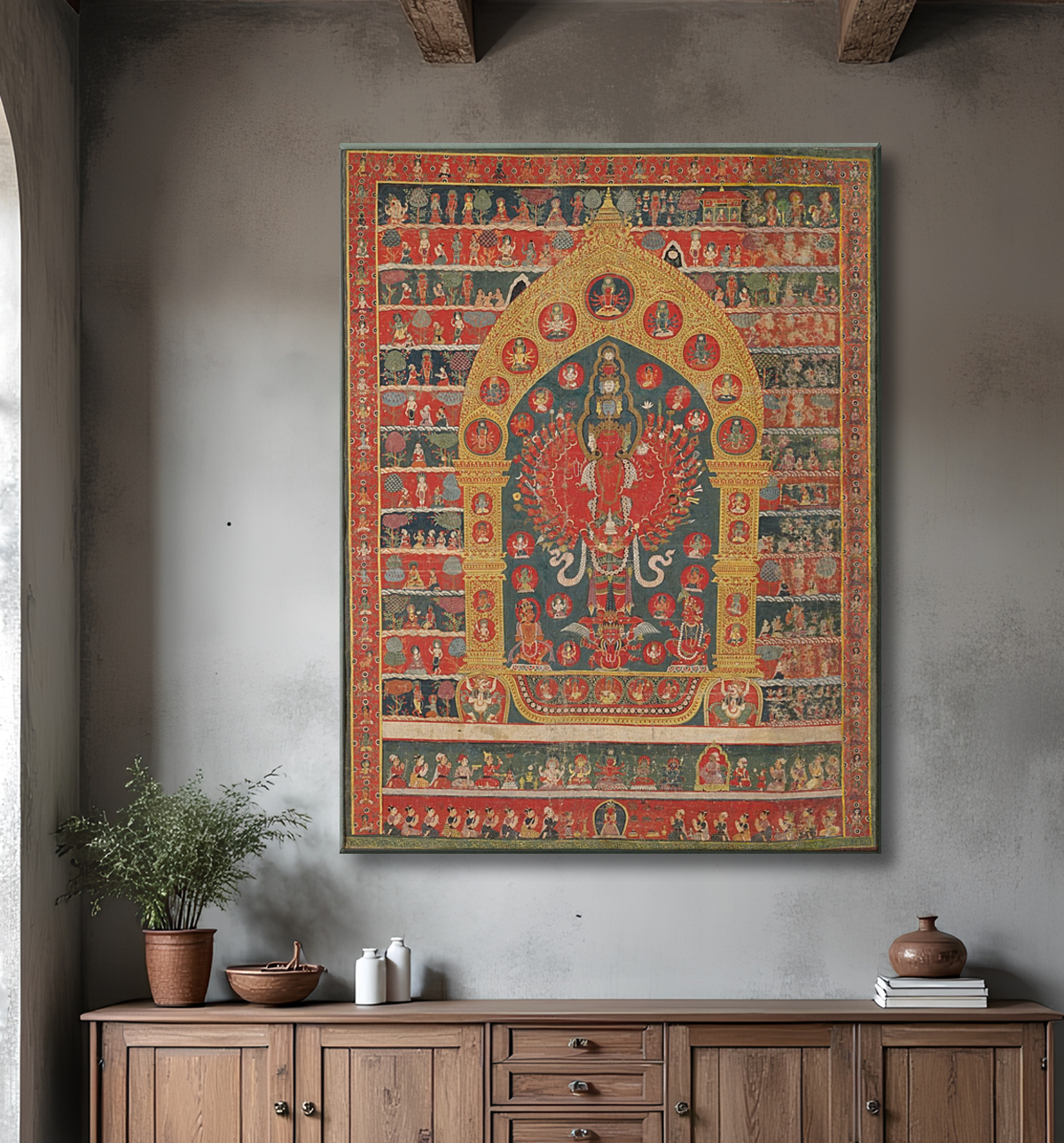 Reproduction Bannière peinte (Thangka) de l'incarnation d'Avalokiteshvara du dieu de la pluie Rato Matsyendranatha avec decor