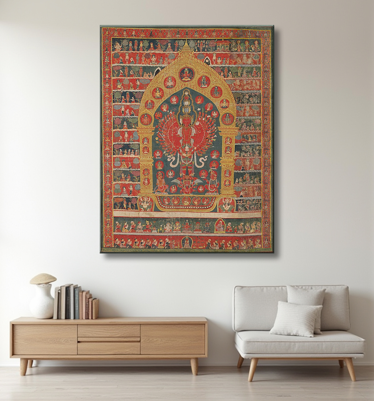 Reproduction Bannière peinte (Thangka) de l'incarnation d'Avalokiteshvara du dieu de la pluie Rato Matsyendranatha avec decor