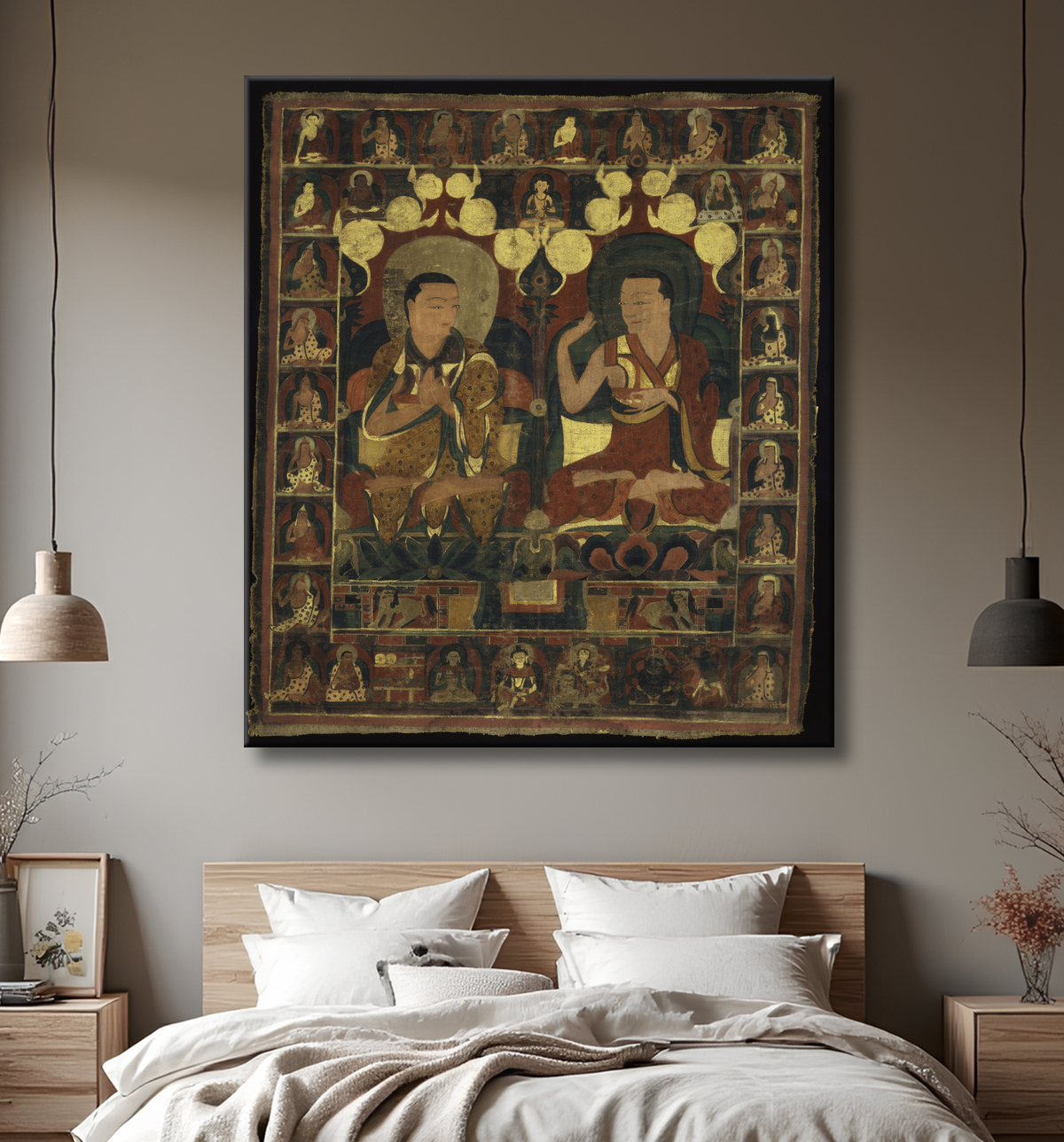 Reproduction Bannière peinte (Thangka) de la peinture de lignage de deux lamas en débat avec decor