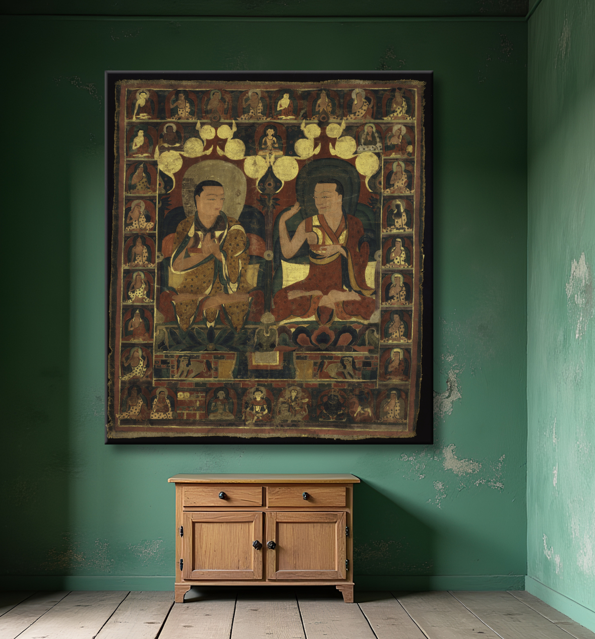 Reproduction Bannière peinte (Thangka) de la peinture de lignage de deux lamas en débat avec decor