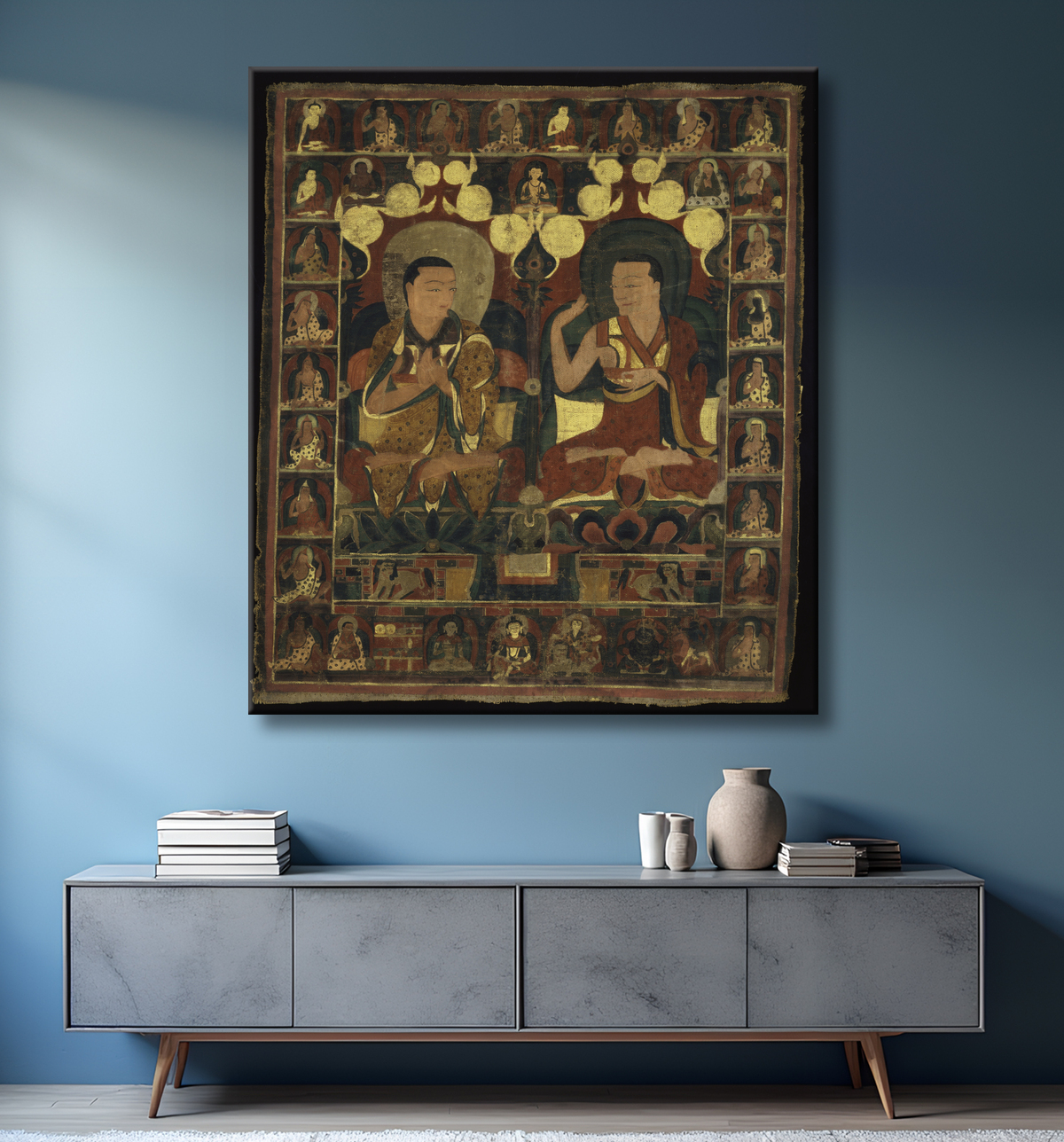 Reproduction Bannière peinte (Thangka) de la peinture de lignage de deux lamas en débat avec decor