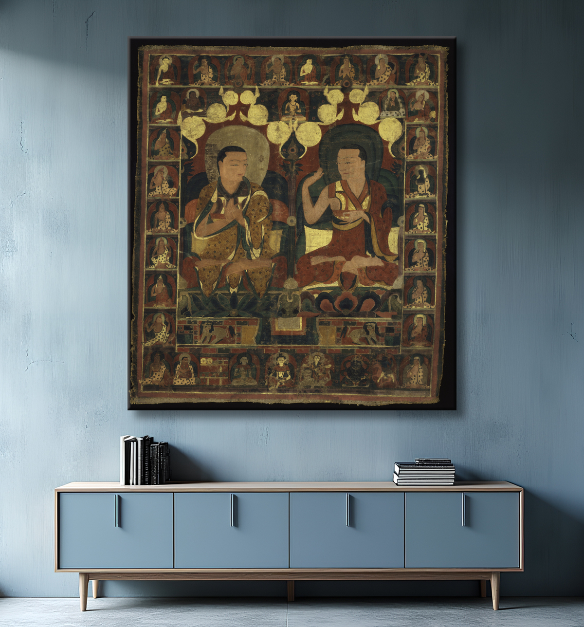 Reproduction Bannière peinte (Thangka) de la peinture de lignage de deux lamas en débat avec decor