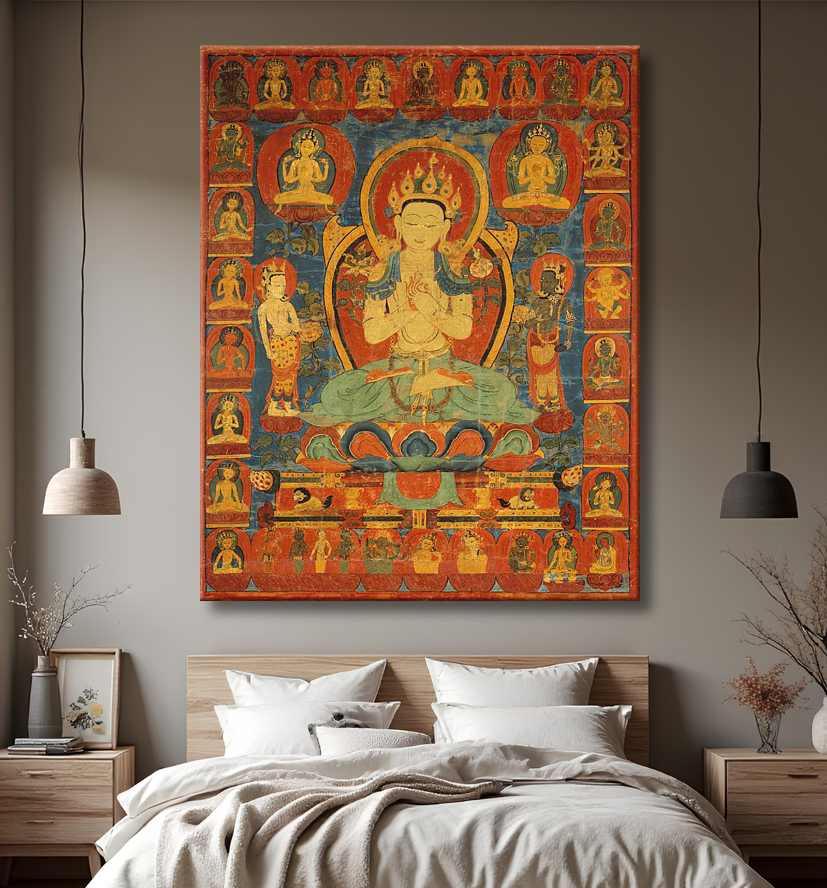 Reproduction Bannière peinte (Thangka) du bodhisattva Maitreya entouré de sa suite avec decor