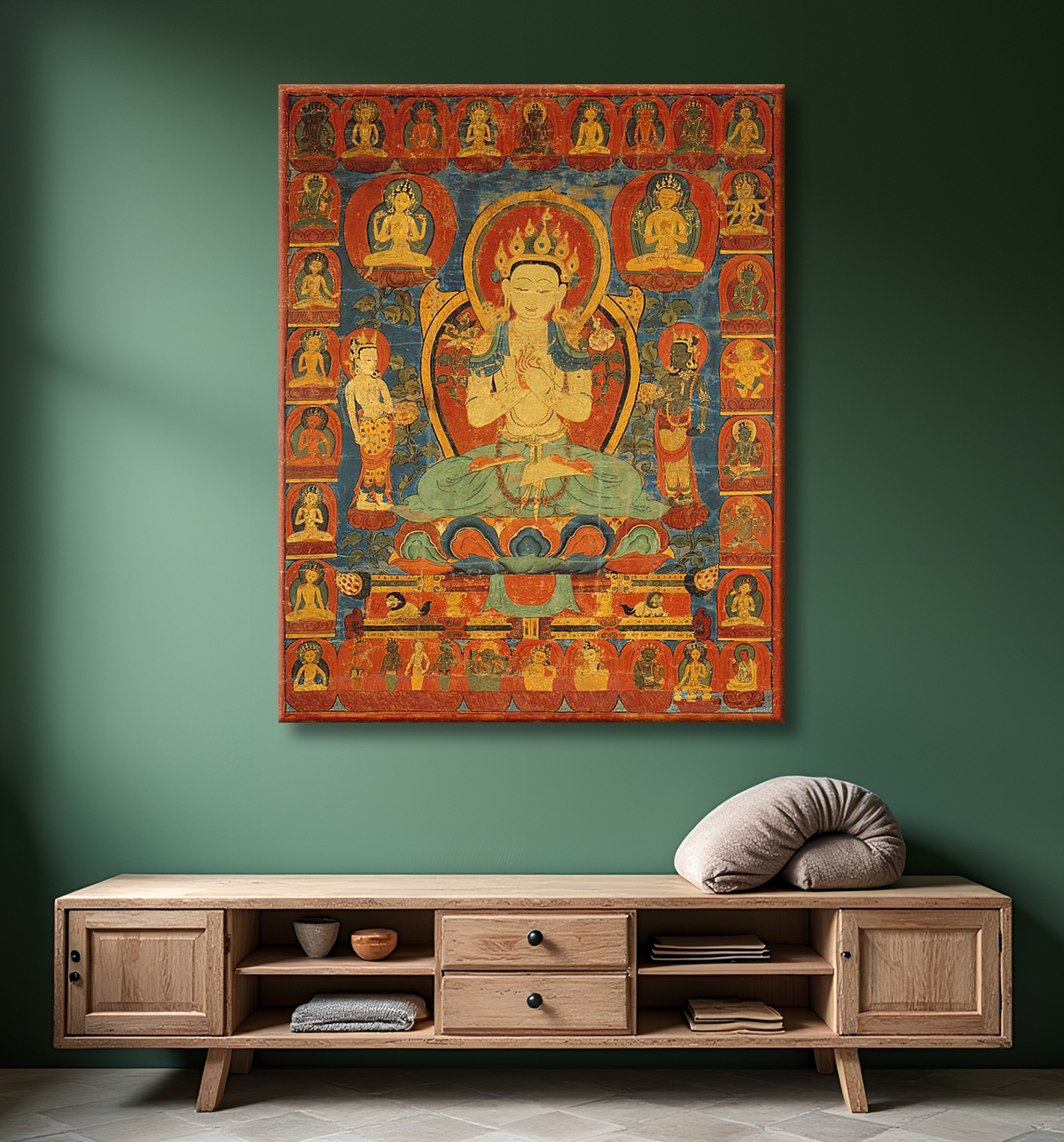 Reproduction Bannière peinte (Thangka) du bodhisattva Maitreya entouré de sa suite avec decor